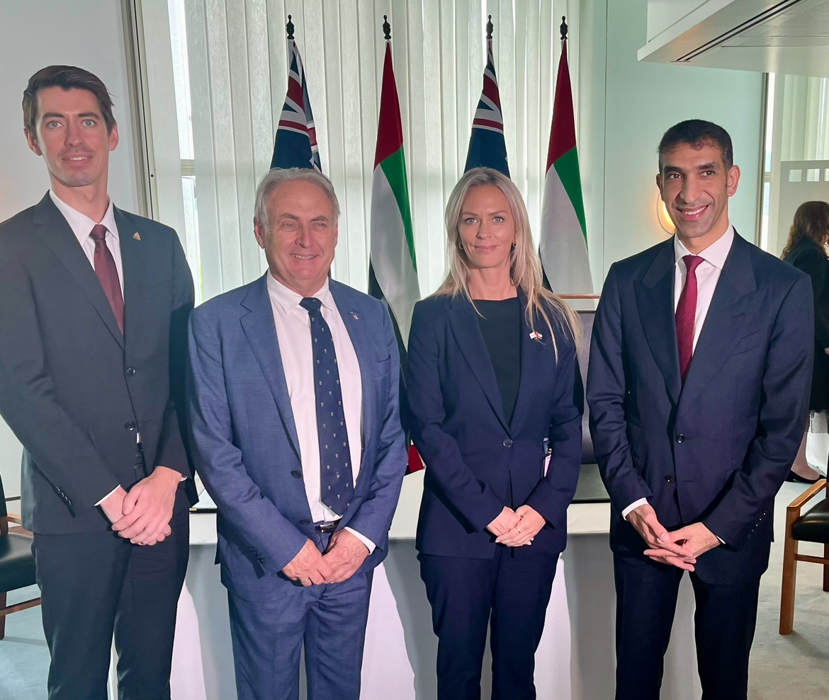 Aaron Waters-Marsh, Executive Director; Senator the Hon Don Farrell, Minister for Trade and Tourism; H.E. Dr Thani bin Ahmed Al Zeyoudi, UAE Minister for Foreign Trade